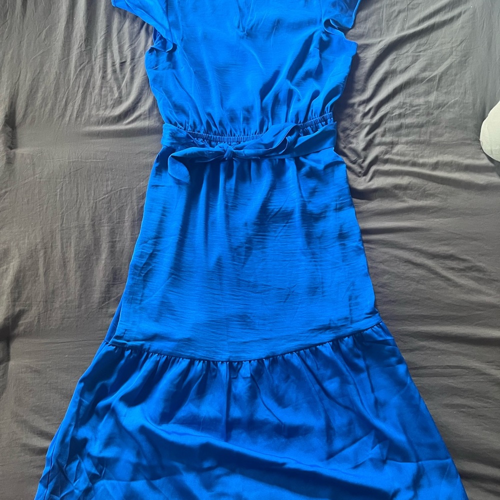 Lucky Brand Satin Short Sleeve Blue Ruffle Tie Waist Maxi Dress Medium NWT
